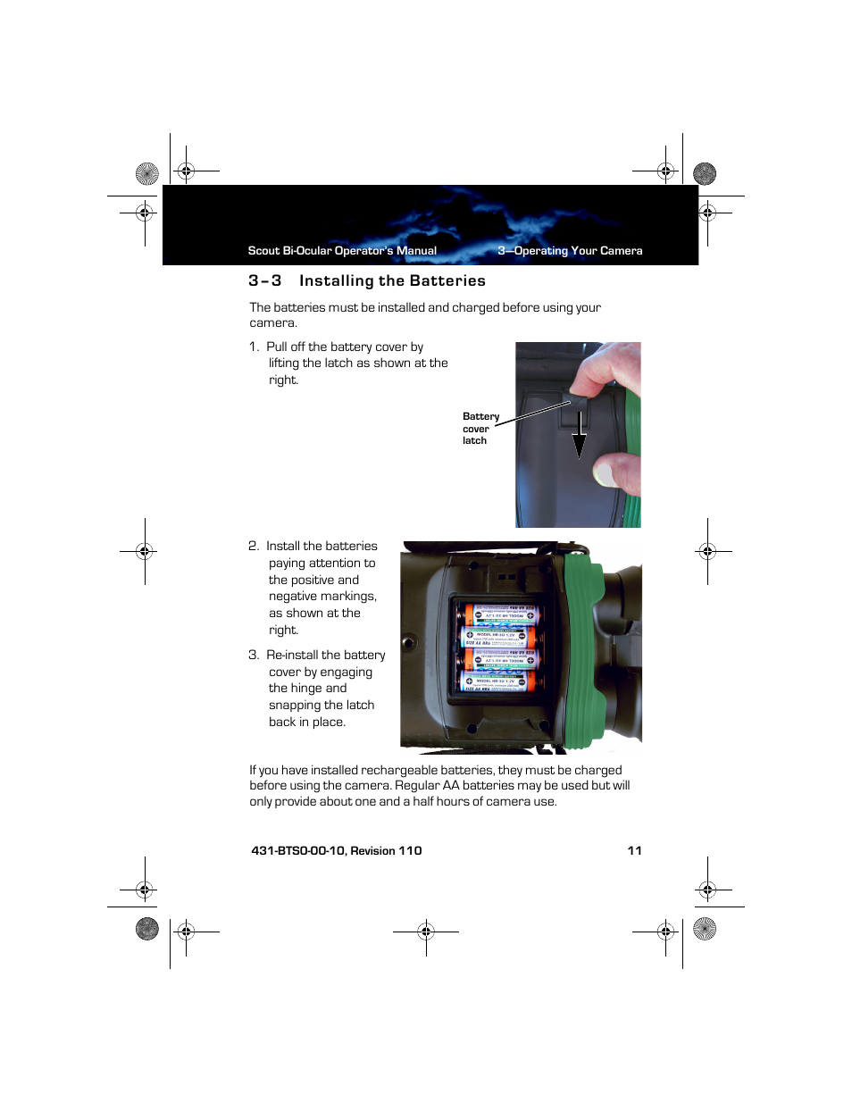 3–3 installing the batteries, Installing the batteries | Armasight TFT268BN0BTSXRP FLIR BTS-XR Pro 640x480 Thermal Bi-ocular, no lens 8.3Hz, NTSC User Manual | Page 17 / 40