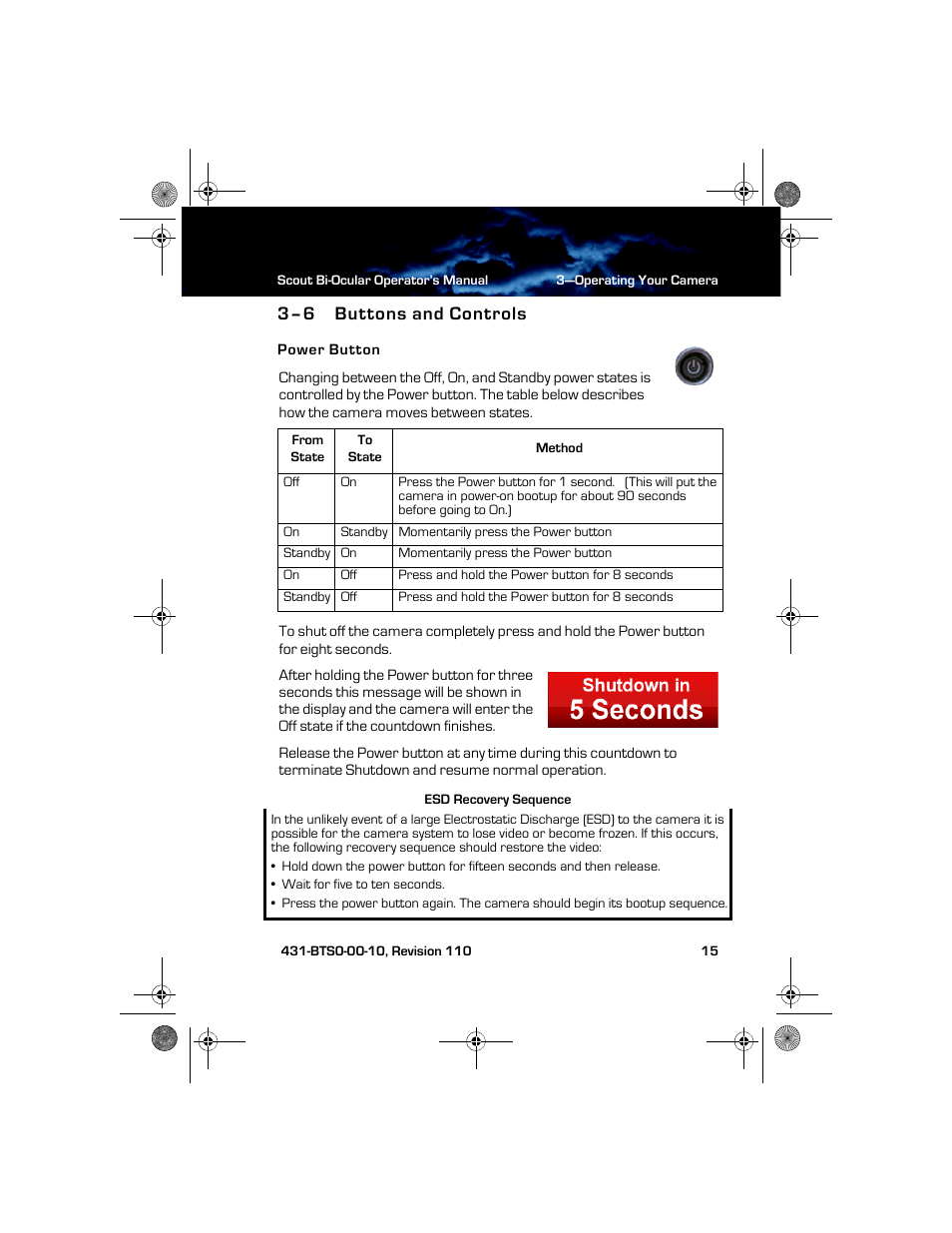 3–6 buttons and controls, Power button, Buttons and controls | Armasight TFT268BN0BTSXRP FLIR BTS-XR Pro 640x480 Thermal Bi-ocular, no lens 8.3Hz, NTSC User Manual | Page 21 / 40