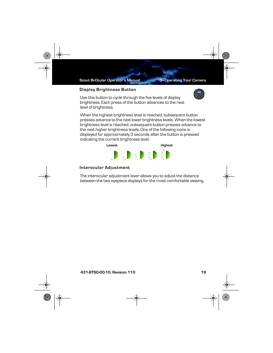 Display brightness button, Interocular adjustment | Armasight TFT268BN0BTSXRP FLIR BTS-XR Pro 640x480 Thermal Bi-ocular, no lens 8.3Hz, NTSC User Manual | Page 25 / 40