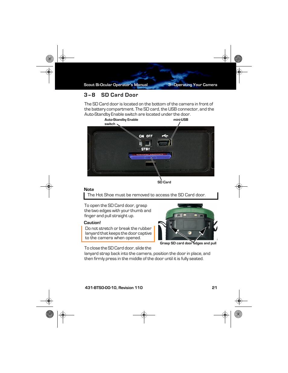 3–8 sd card door, Sd card door | Armasight TFT268BN0BTSXRP FLIR BTS-XR Pro 640x480 Thermal Bi-ocular, no lens 8.3Hz, NTSC User Manual | Page 27 / 40
