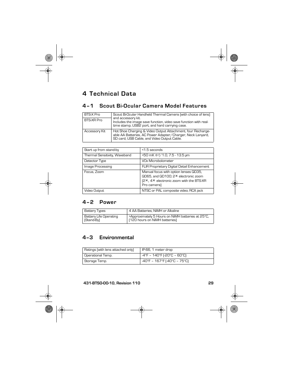 4 technical data, 4–1 scout bi-ocular camera model features, 4–2 power | 4–3 environmental, Technical data | Armasight TFT268BN0BTSXRP FLIR BTS-XR Pro 640x480 Thermal Bi-ocular, no lens 8.3Hz, NTSC User Manual | Page 35 / 40