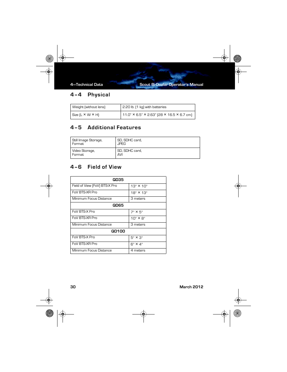 4–4 physical, 4–5 additional features, 4–6 field of view | Physical additional features field of view | Armasight TFT268BN0BTSXRP FLIR BTS-XR Pro 640x480 Thermal Bi-ocular, no lens 8.3Hz, NTSC User Manual | Page 36 / 40