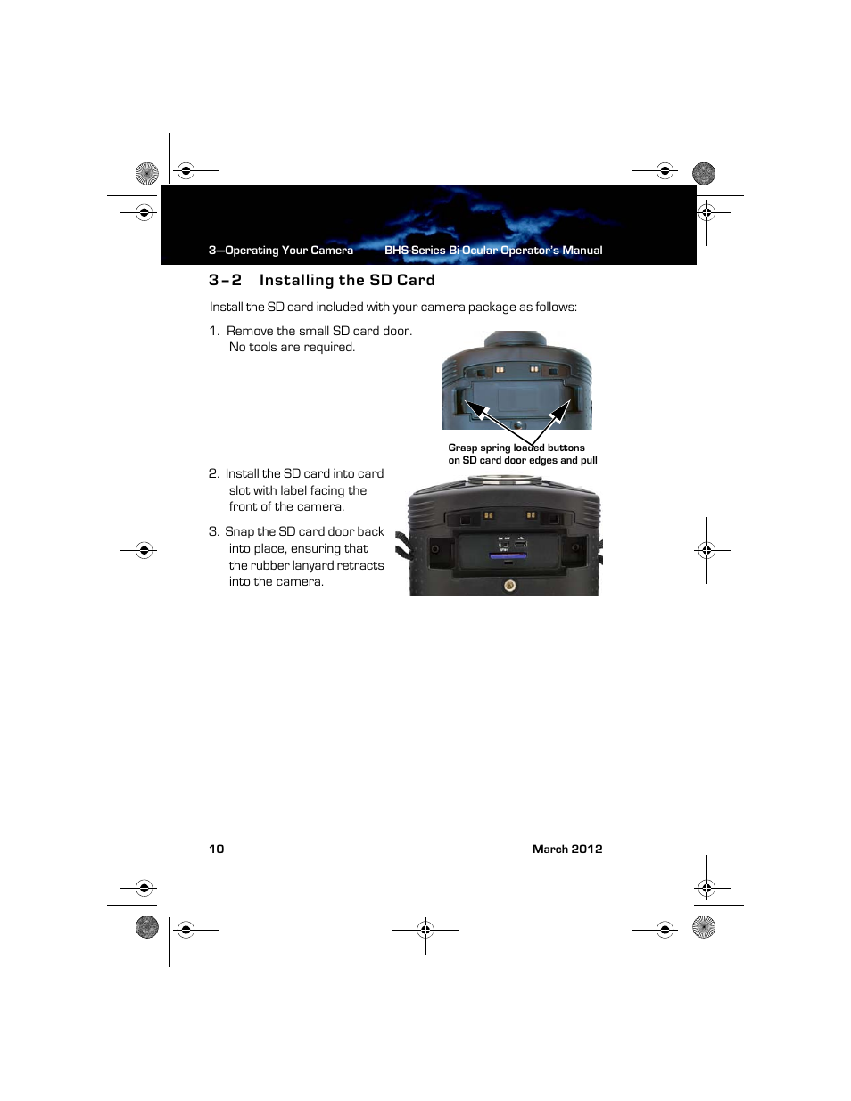 3–2 installing the sd card, Installing the sd card | Armasight TFT263BN0BHSXRP FLIR BHS-XR Command 640x480 Thermal Bi-ocular, no lens 30Hz, PAL User Manual | Page 16 / 38