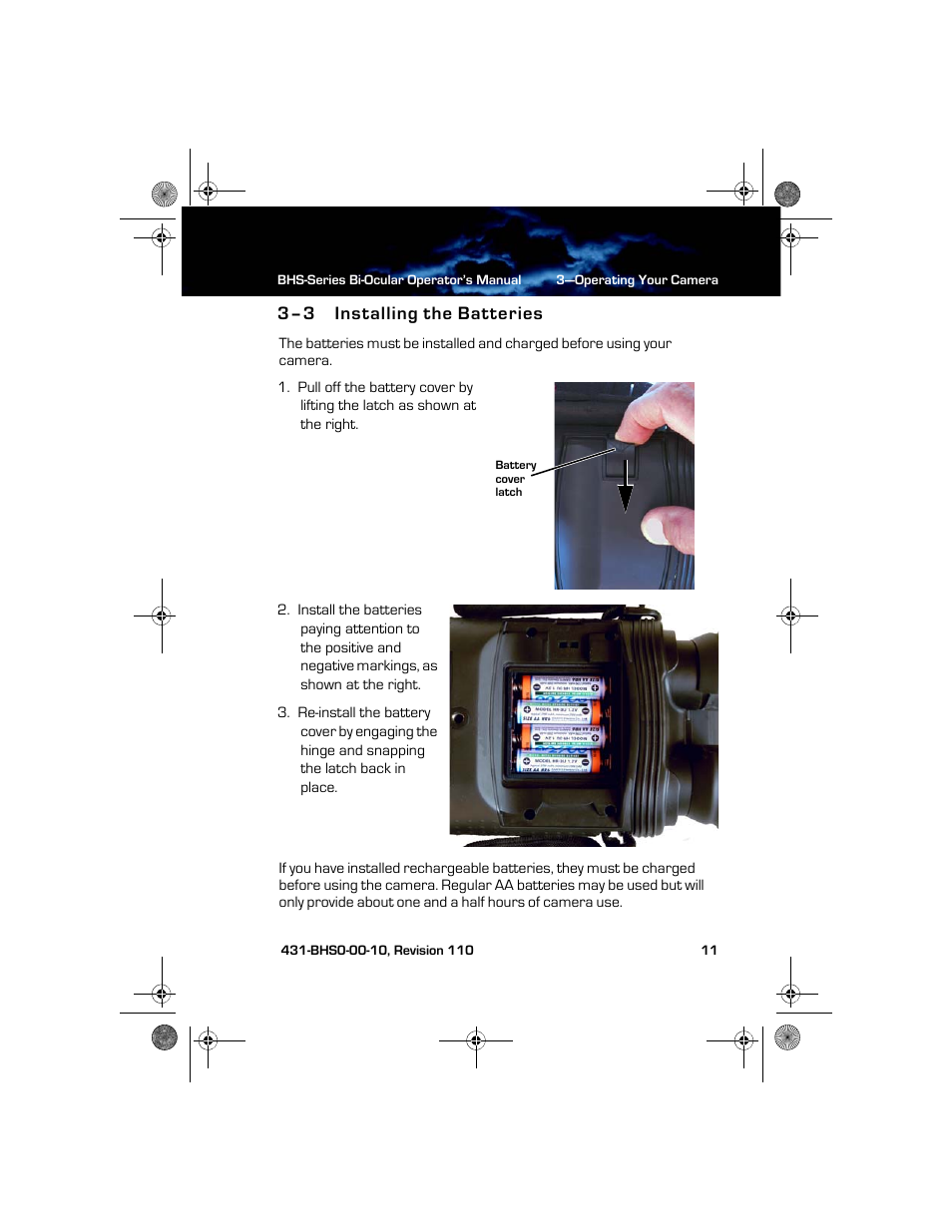 3–3 installing the batteries, Installing the batteries | Armasight TFT263BN0BHSXRP FLIR BHS-XR Command 640x480 Thermal Bi-ocular, no lens 30Hz, PAL User Manual | Page 17 / 38