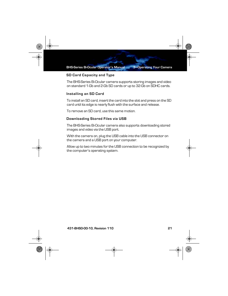 Sd card capacity and type, Installing an sd card, Downloading stored files via usb | Armasight TFT263BN0BHSXRP FLIR BHS-XR Command 640x480 Thermal Bi-ocular, no lens 30Hz, PAL User Manual | Page 27 / 38