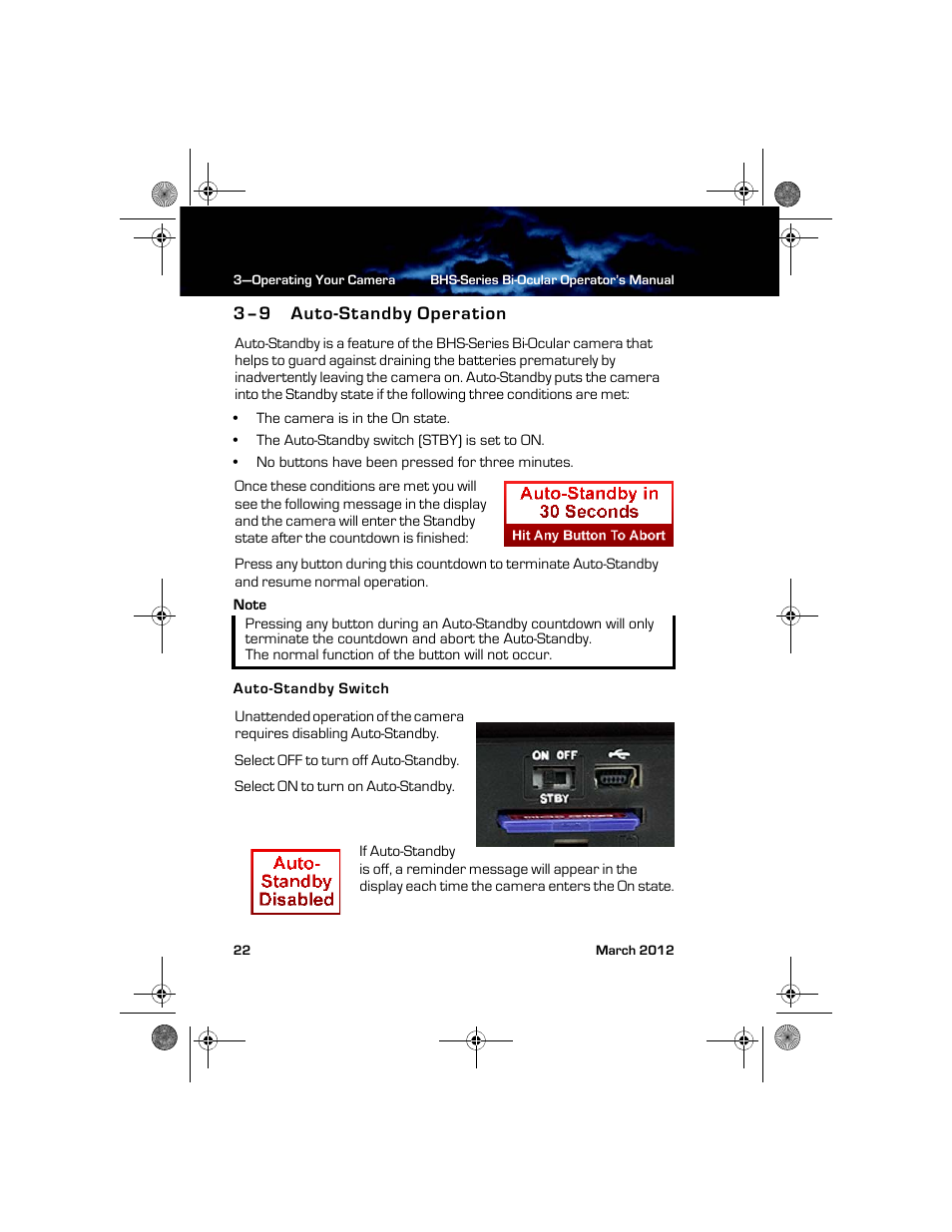 3–9 auto-standby operation, Auto-standby switch, Auto-standby operation | Armasight TFT263BN0BHSXRP FLIR BHS-XR Command 640x480 Thermal Bi-ocular, no lens 30Hz, PAL User Manual | Page 28 / 38