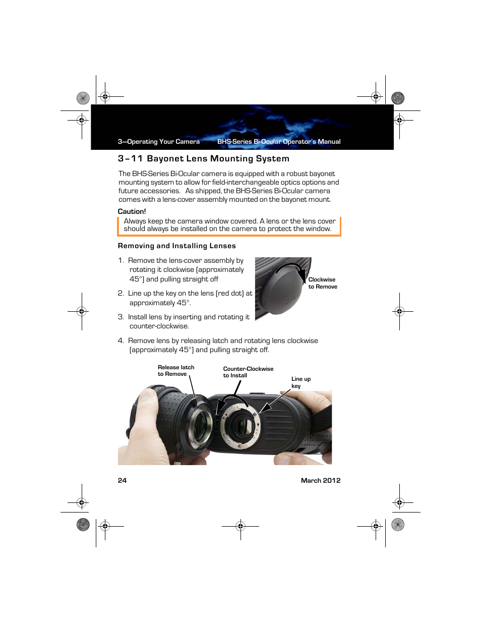 3–11 bayonet lens mounting system, Removing and installing lenses, Bayonet lens mounting system | Armasight TFT263BN0BHSXRP FLIR BHS-XR Command 640x480 Thermal Bi-ocular, no lens 30Hz, PAL User Manual | Page 30 / 38
