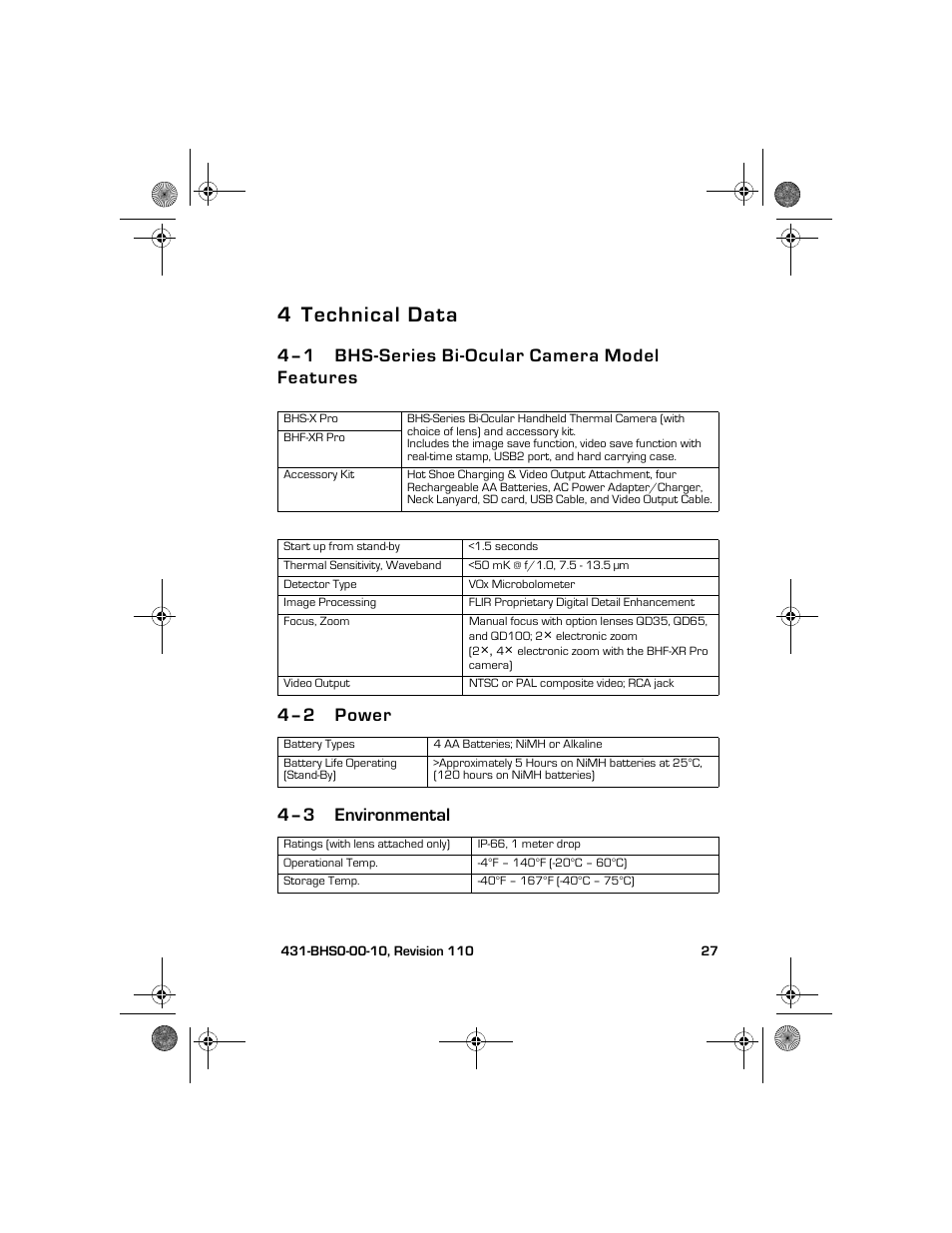 4 technical data, 4–1 bhs-series bi-ocular camera model features, 4–2 power | 4–3 environmental, Technical data | Armasight TFT263BN0BHSXRP FLIR BHS-XR Command 640x480 Thermal Bi-ocular, no lens 30Hz, PAL User Manual | Page 33 / 38