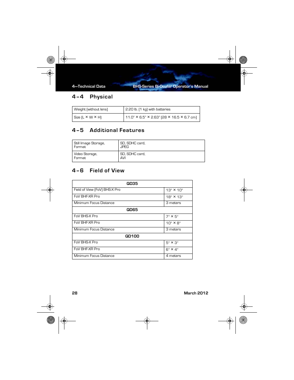 4–4 physical, 4–5 additional features, 4–6 field of view | Physical additional features field of view | Armasight TFT263BN0BHSXRP FLIR BHS-XR Command 640x480 Thermal Bi-ocular, no lens 30Hz, PAL User Manual | Page 34 / 38