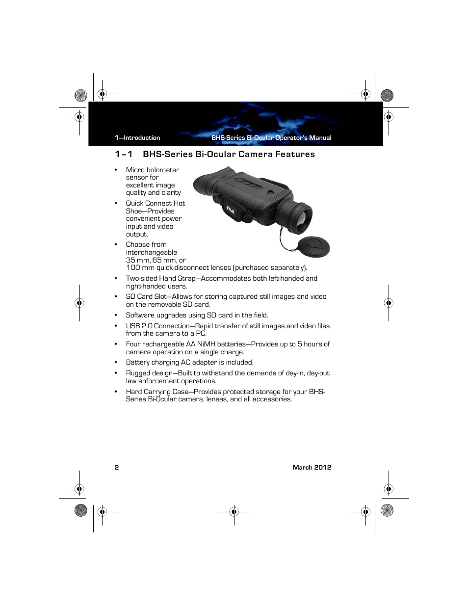 1–1 bhs-series bi-ocular camera features, Bhs-series bi-ocular camera features | Armasight TFT263BN0BHSXRP FLIR BHS-XR Command 640x480 Thermal Bi-ocular, no lens 30Hz, PAL User Manual | Page 8 / 38