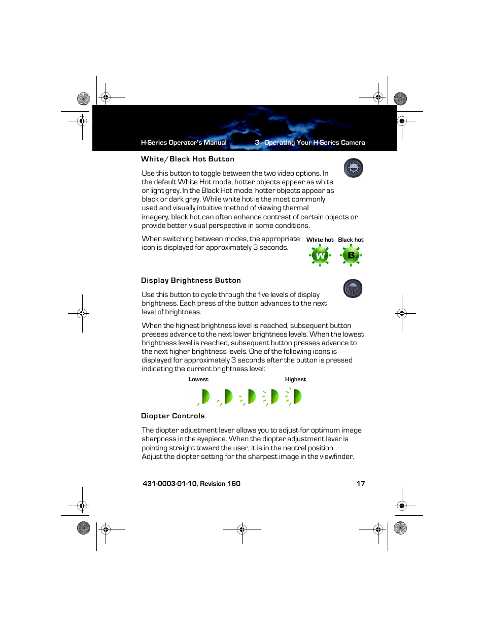 White/black hot button, Display brightness button, Diopter controls | Armasight TFT233MN9HN324P FLIR HS-324 Patrol 19mm 30Hz, NTSC User Manual | Page 23 / 40