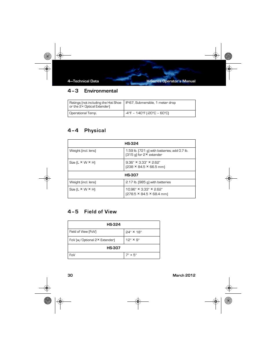 4–3 environmental, 4–4 physical, 4–5 field of view | Environmental physical field of view | Armasight TFT233MN9HN324P FLIR HS-324 Patrol 19mm 30Hz, NTSC User Manual | Page 36 / 40