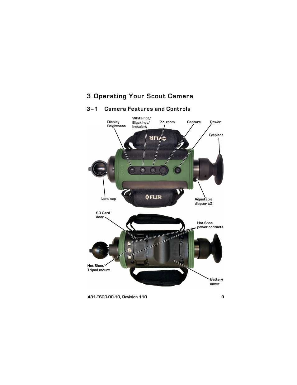 3 operating your scout camera, 3–1 camera features and controls, Operating your scout camera | Camera features and controls | Armasight TFT238MN6TS32RP FLIR Scout TS32R Pro 320x240 65mm monocular 8.3Hz, PAL User Manual | Page 13 / 38