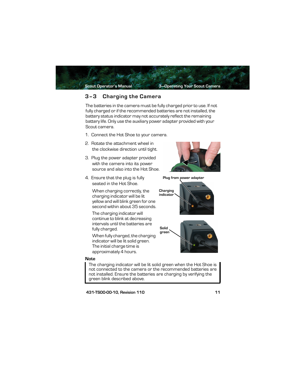 3–3 charging the camera, Charging the camera | Armasight TFT238MN6TS32RP FLIR Scout TS32R Pro 320x240 65mm monocular 8.3Hz, PAL User Manual | Page 15 / 38