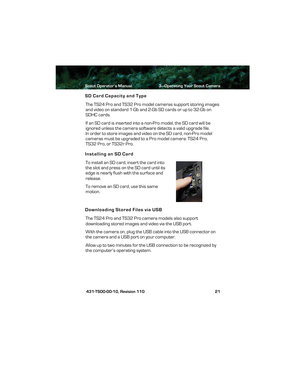 Sd card capacity and type, Installing an sd card, Downloading stored files via usb | Armasight TFT238MN6TS32RP FLIR Scout TS32R Pro 320x240 65mm monocular 8.3Hz, PAL User Manual | Page 25 / 38