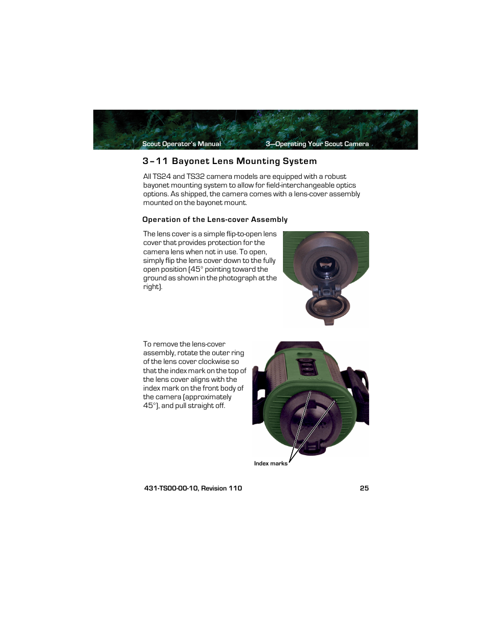 3–11 bayonet lens mounting system, Operation of the lens-cover assembly, Bayonet lens mounting system | Armasight TFT238MN6TS32RP FLIR Scout TS32R Pro 320x240 65mm monocular 8.3Hz, PAL User Manual | Page 29 / 38