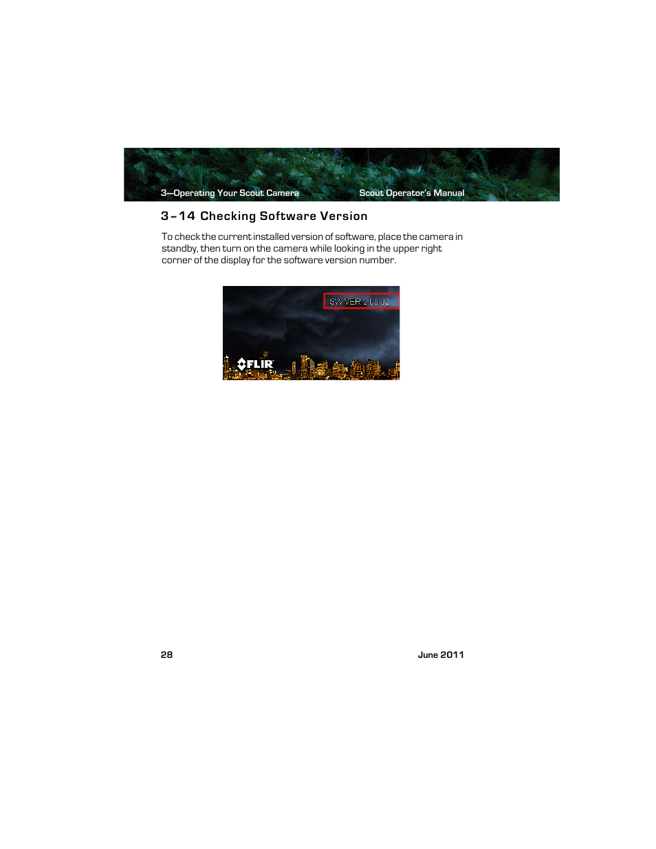 3–14 checking software version, Checking software version | Armasight TFT238MN6TS32RP FLIR Scout TS32R Pro 320x240 65mm monocular 8.3Hz, PAL User Manual | Page 32 / 38