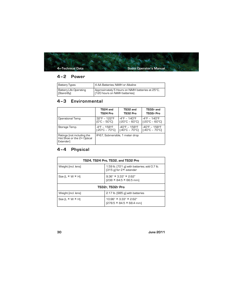 4–2 power, 4–3 environmental, 4–4 physical | Power environmental physical | Armasight TFT238MN6TS32RP FLIR Scout TS32R Pro 320x240 65mm monocular 8.3Hz, PAL User Manual | Page 34 / 38