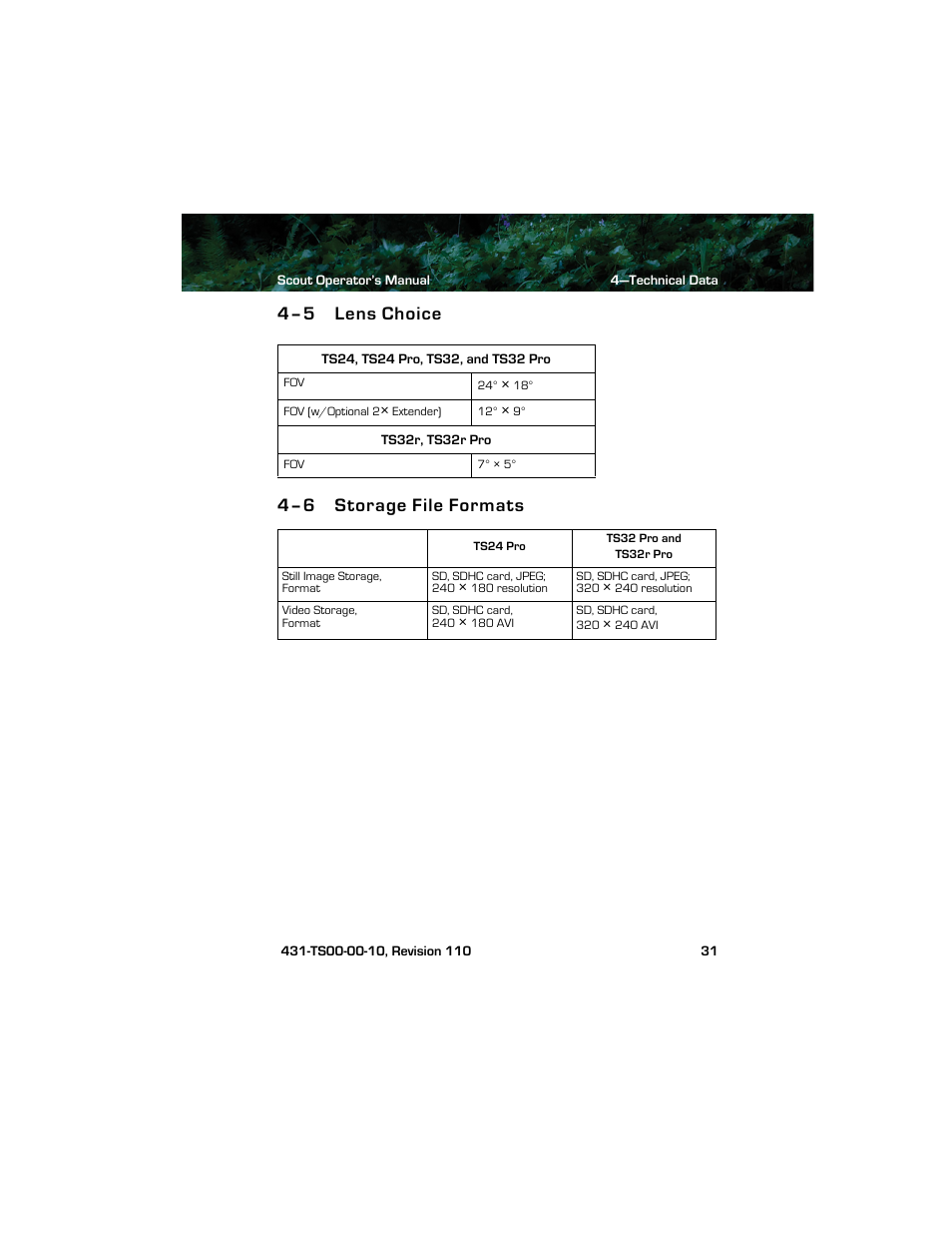 4–5 lens choice, 4–6 storage file formats, Lens choice storage file formats | 4–5 lens choice 4–6 storage file formats | Armasight TFT238MN6TS32RP FLIR Scout TS32R Pro 320x240 65mm monocular 8.3Hz, PAL User Manual | Page 35 / 38
