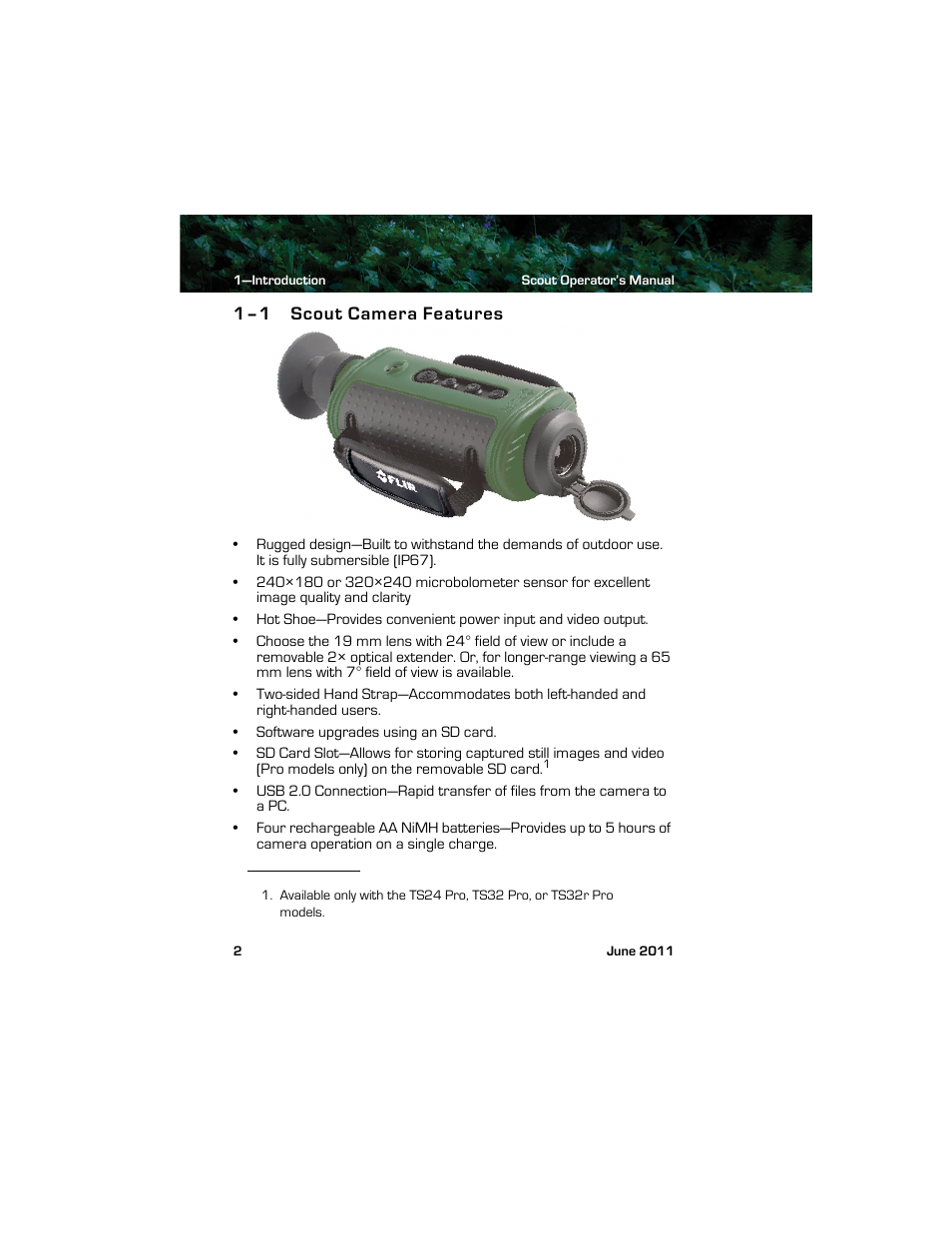 1–1 scout camera features, Scout camera features | Armasight TFT238MN6TS32RP FLIR Scout TS32R Pro 320x240 65mm monocular 8.3Hz, PAL User Manual | Page 6 / 38