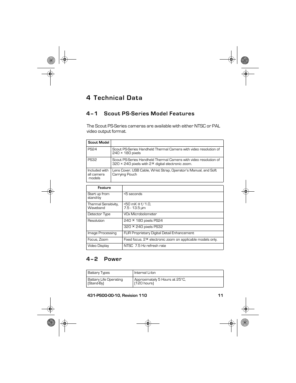 4 technical data, 4–1 scout ps-series model features, 4–2 power | Technical data, Scout ps-series model features power | Armasight TFT227MN9PS2400 FLIR Scout PS24 240x180 monocular 7.5Hz, NTSC User Manual | Page 15 / 18