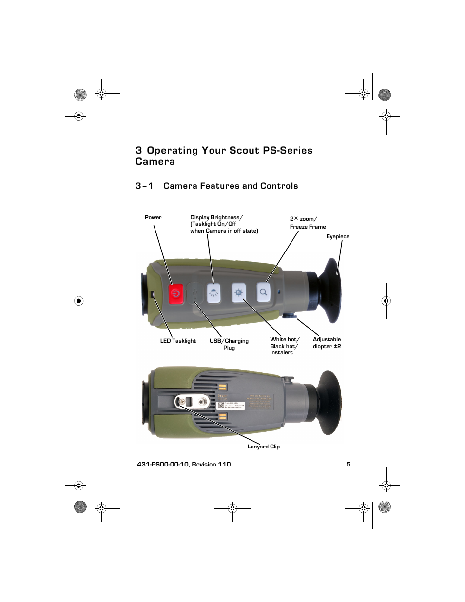 3 operating your scout ps-series camera, 3–1 camera features and controls, Operating your scout ps-series camera | Camera features and controls | Armasight TFT227MN9PS2400 FLIR Scout PS24 240x180 monocular 7.5Hz, NTSC User Manual | Page 9 / 18