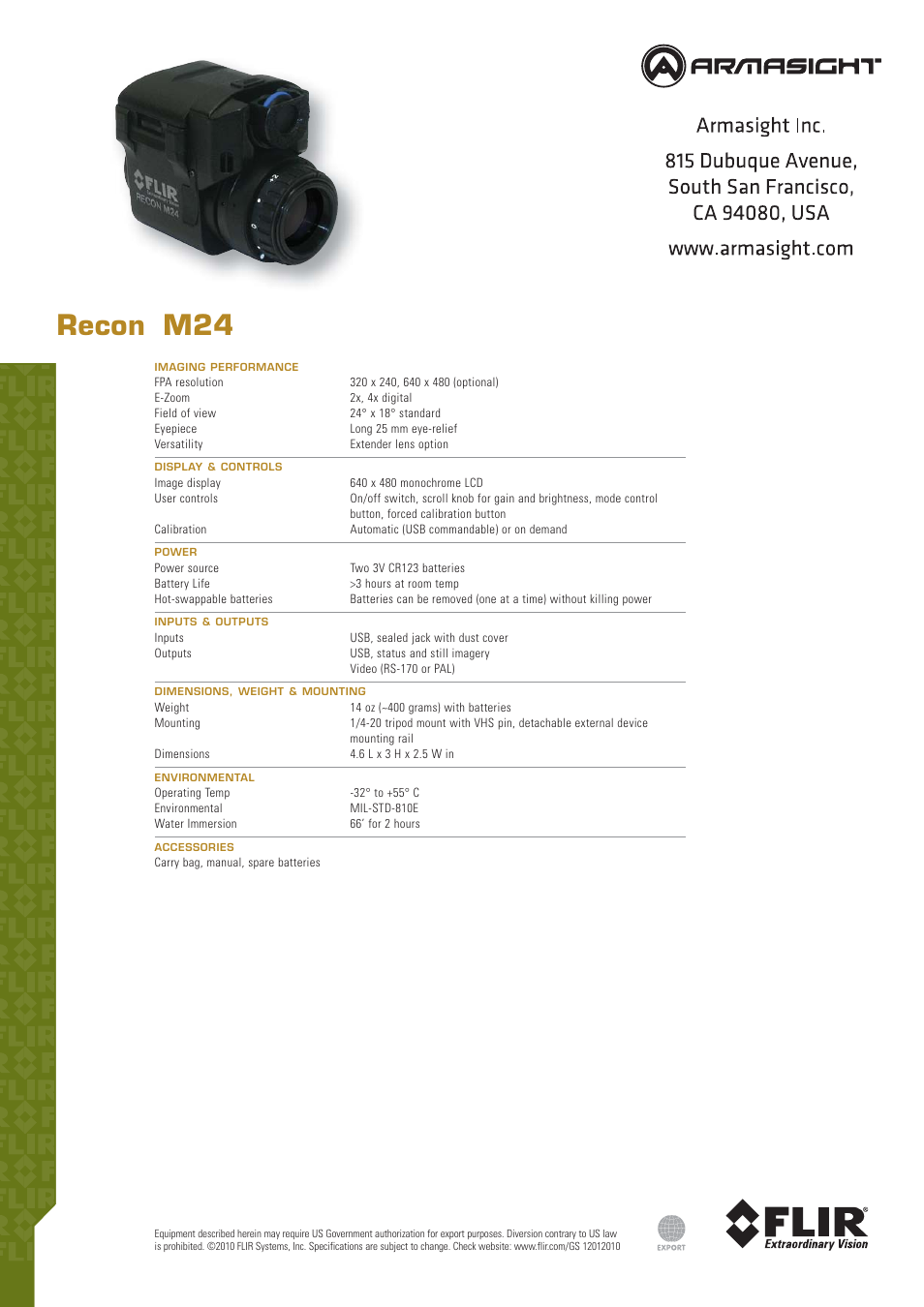 Recon | Armasight 45465548 FLIR Recon M-24 320x240 30Hz Pocketscope User Manual | Page 2 / 2