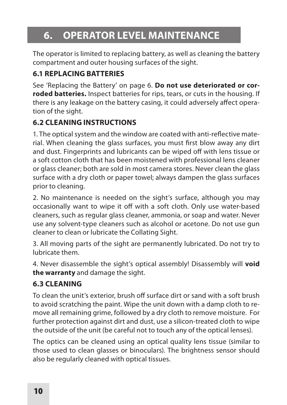 Operator level maintenance | Armasight DAS01XX25MCSTAN MCS Miniature Collimating Sight User Manual | Page 10 / 16