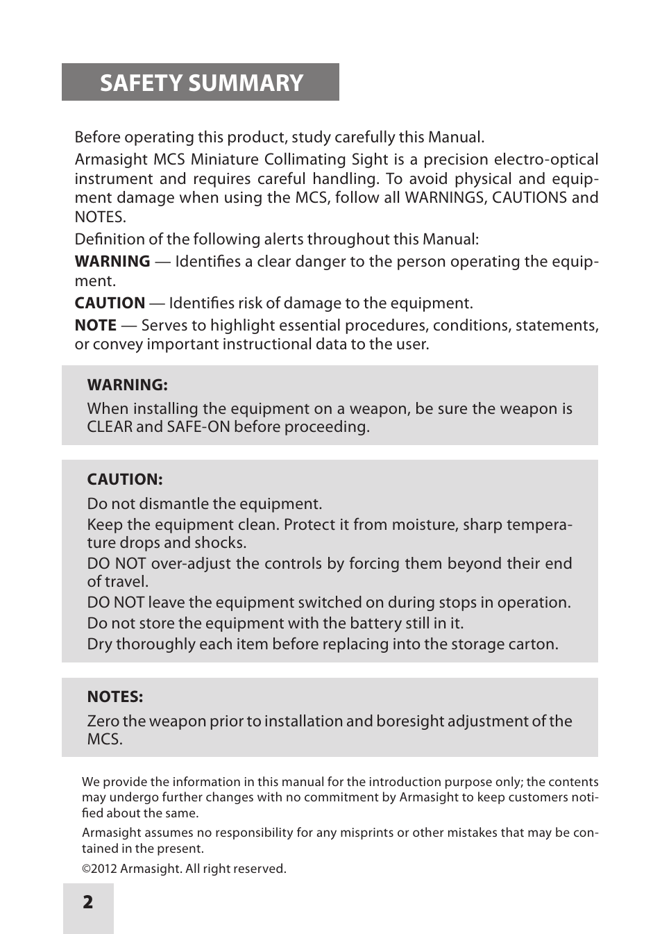 Safety summary | Armasight DAS01XX25MCSTAN MCS Miniature Collimating Sight User Manual | Page 2 / 16