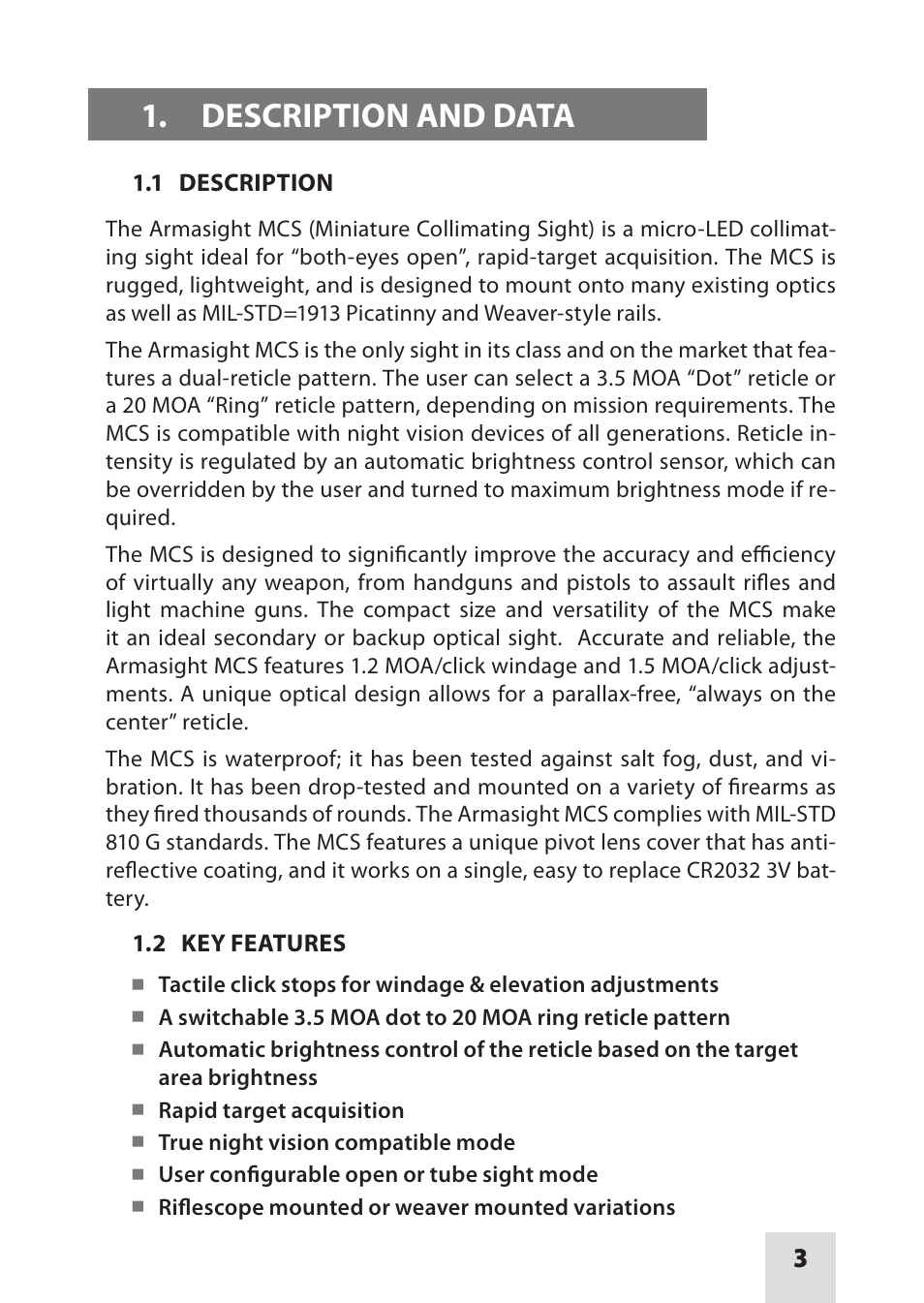 Armasight DAS01XX25MCSTAN MCS Miniature Collimating Sight User Manual | Page 3 / 16