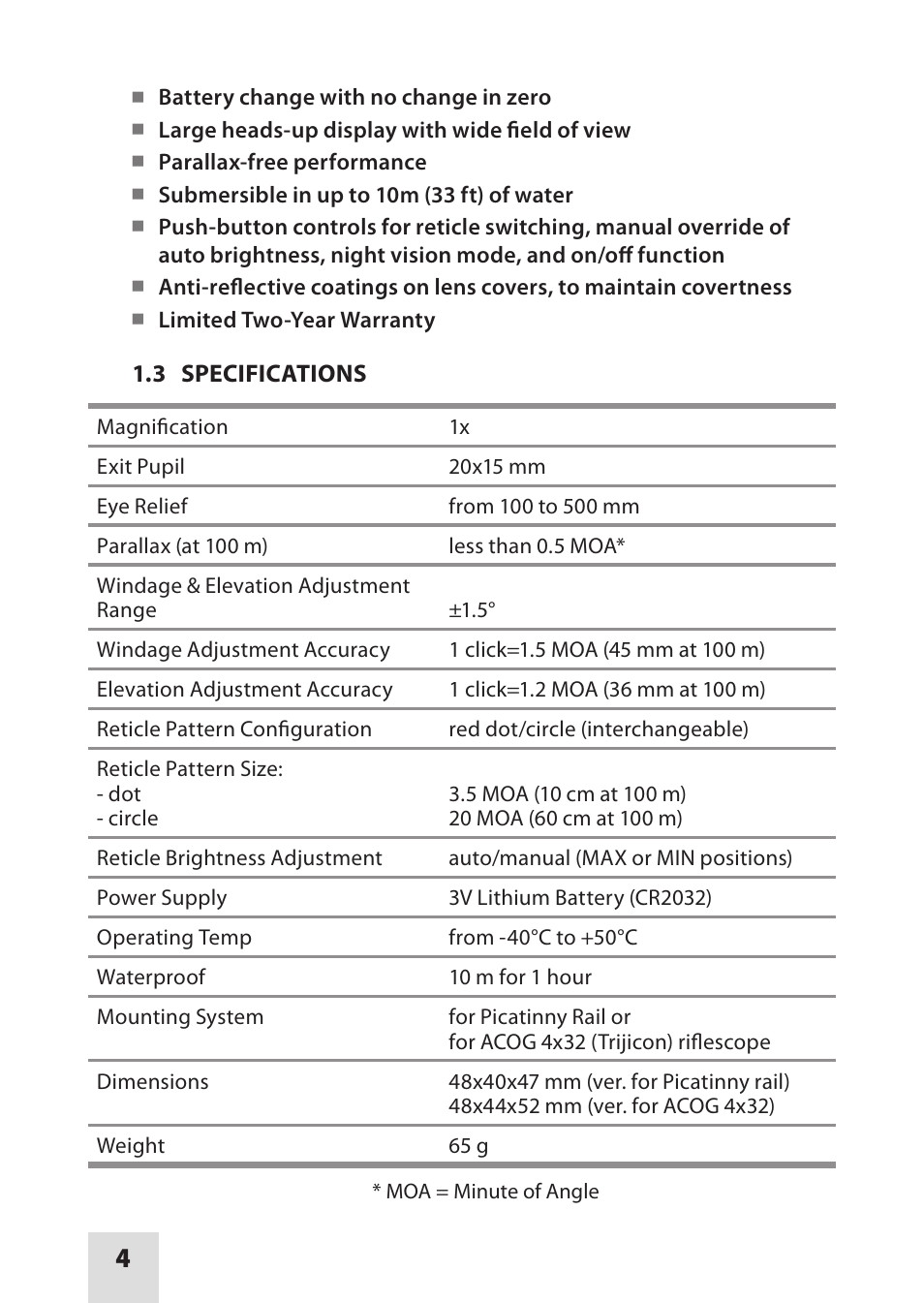 Armasight DAS01XX25MCSTAN MCS Miniature Collimating Sight User Manual | Page 4 / 16