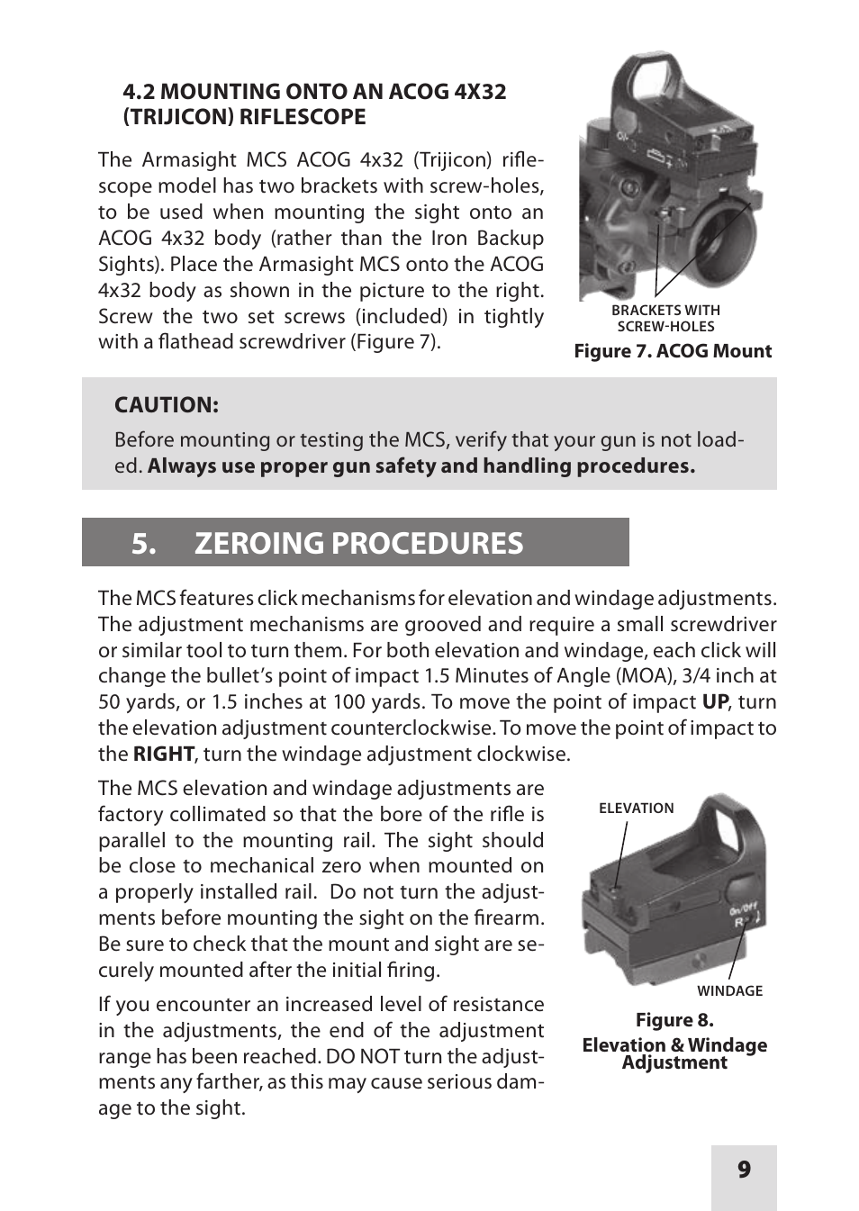 Zeroing procedures | Armasight DAS01XX25MCSTAN MCS Miniature Collimating Sight User Manual | Page 9 / 16