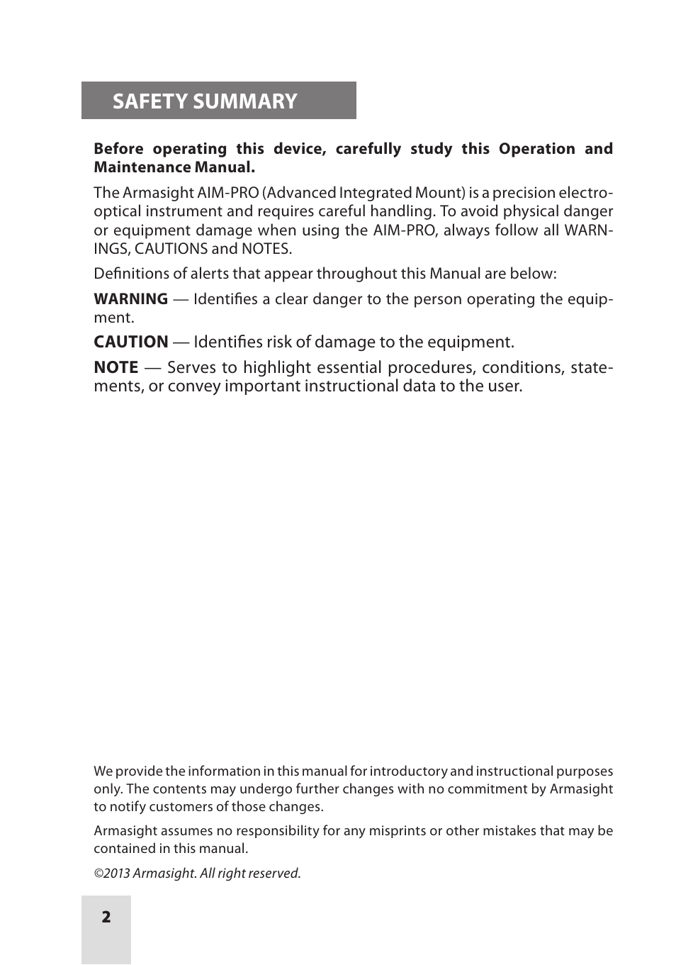 Safety summary | Armasight ANKI000049 AIM PRO-L Advanced Integrated Mount User Manual | Page 2 / 44