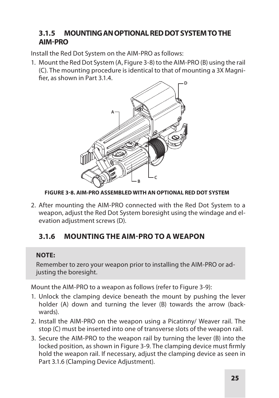 6 mounting the aim-pro to a weapon | Armasight ANKI000049 AIM PRO-L Advanced Integrated Mount User Manual | Page 25 / 44