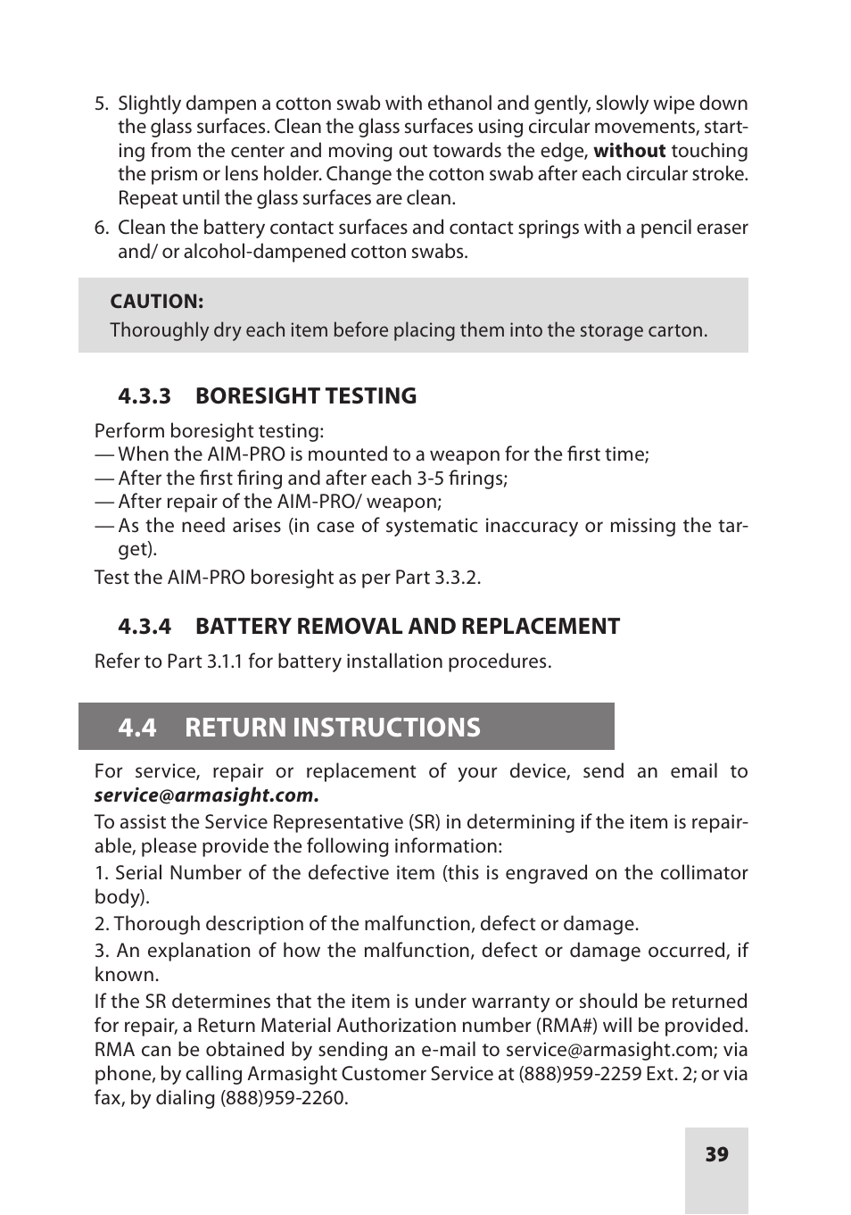 4 return instructions | Armasight ANKI000049 AIM PRO-L Advanced Integrated Mount User Manual | Page 39 / 44