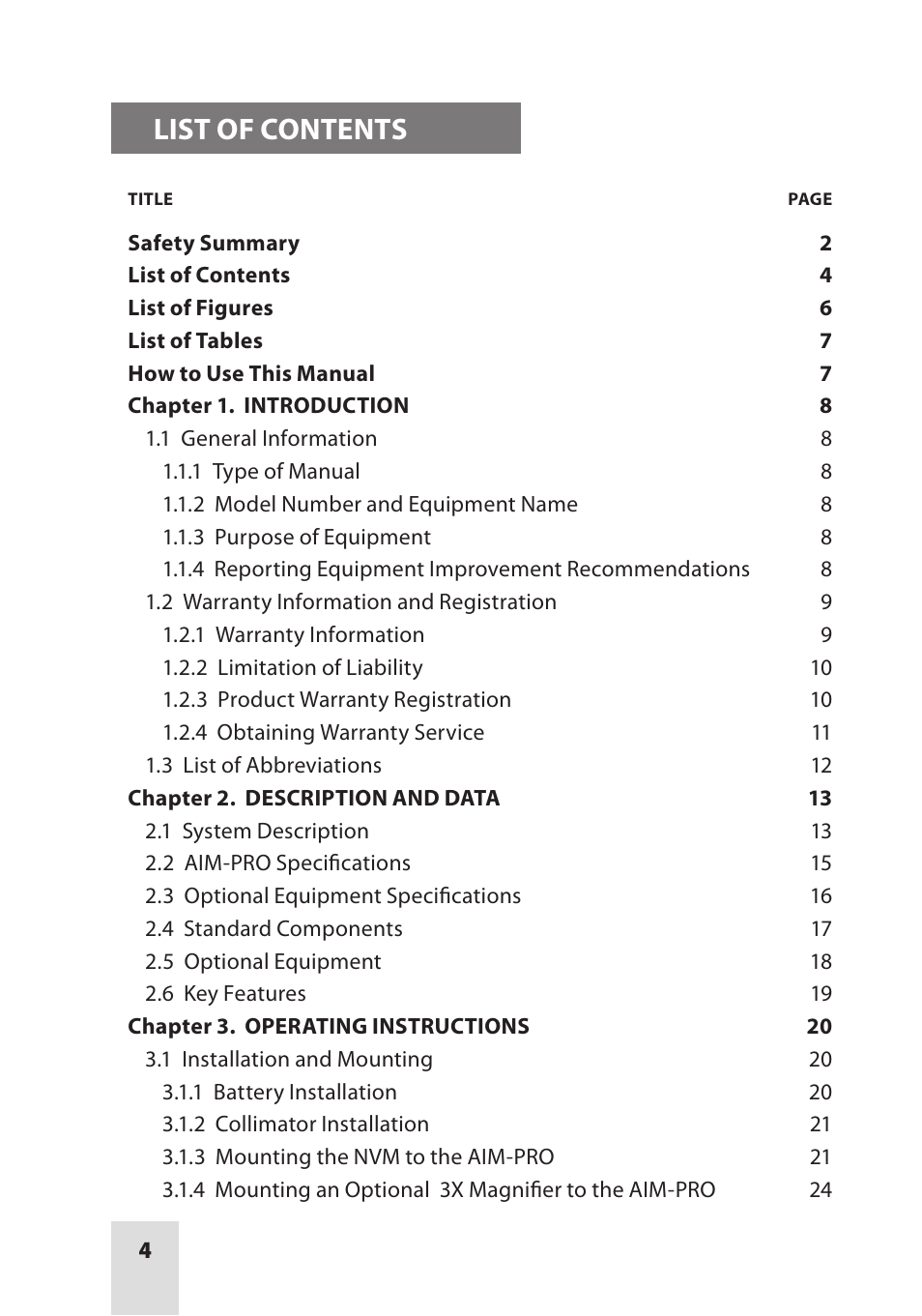 List of contents | Armasight ANKI000049 AIM PRO-L Advanced Integrated Mount User Manual | Page 4 / 44