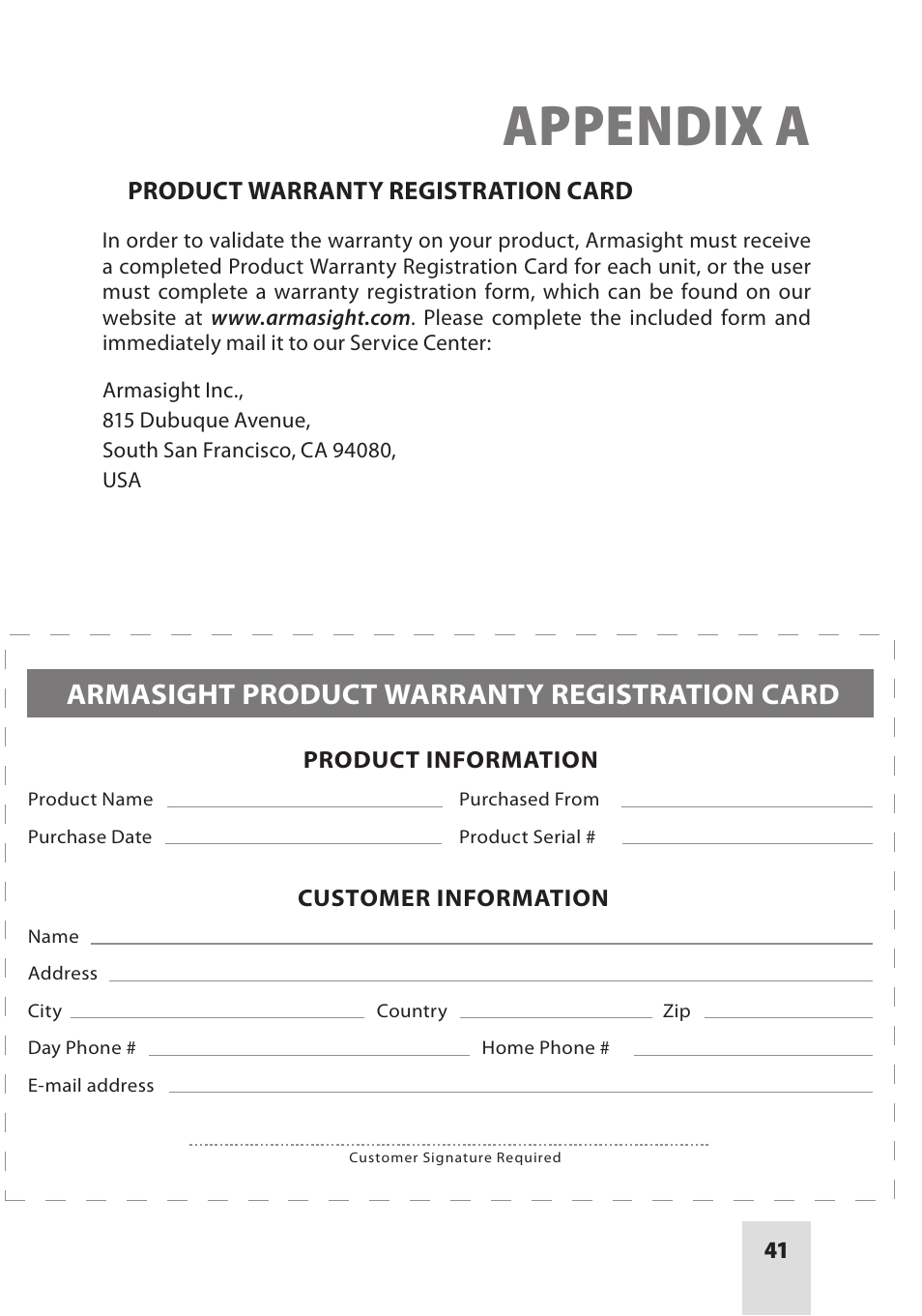 Appendix a, Armasight product warranty registration card | Armasight ANKI000049 AIM PRO-L Advanced Integrated Mount User Manual | Page 41 / 44