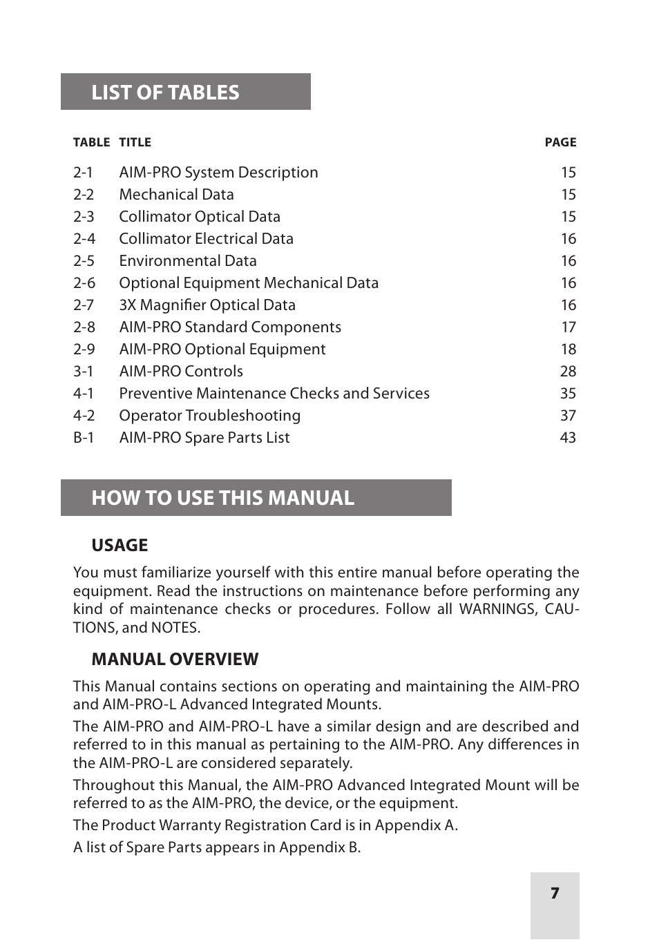 List of tables, How to use this manual | Armasight ANKI000049 AIM PRO-L Advanced Integrated Mount User Manual | Page 7 / 44