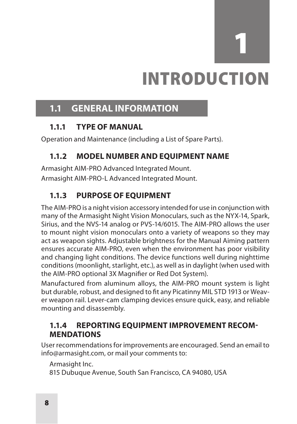 Introduction | Armasight ANKI000049 AIM PRO-L Advanced Integrated Mount User Manual | Page 8 / 44