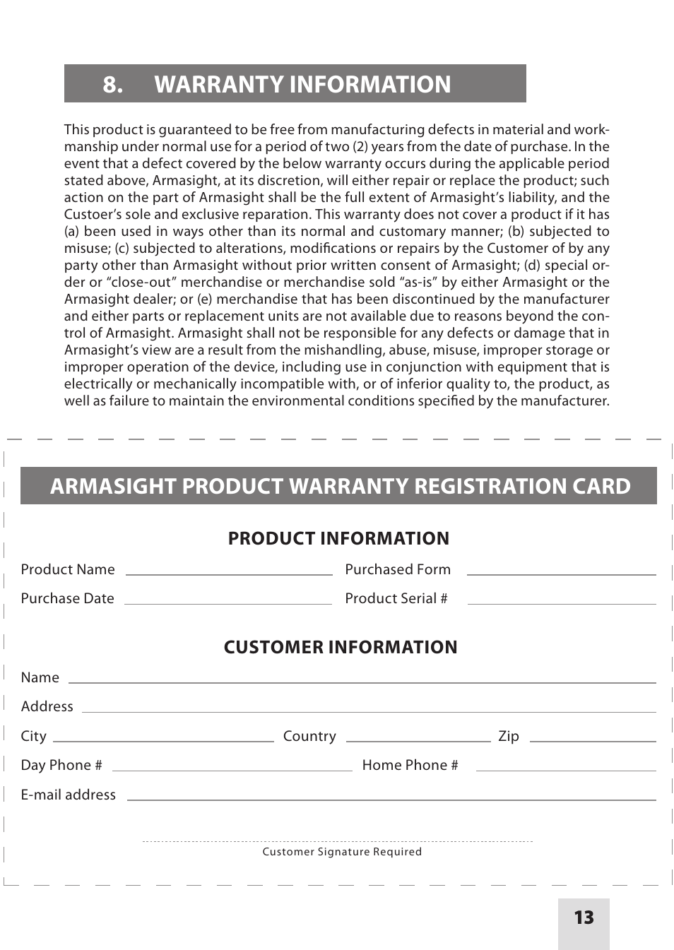 Warranty information, Armasight product warranty registration card, Product information customer information | Armasight DAS01XX25MCSTA2 MCS-QR Tan Color with Quick Release Mount User Manual | Page 13 / 16