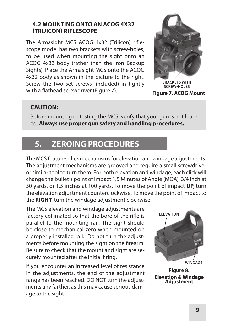 Zeroing procedures | Armasight DAS01XX25MCSTA2 MCS-QR Tan Color with Quick Release Mount User Manual | Page 9 / 16