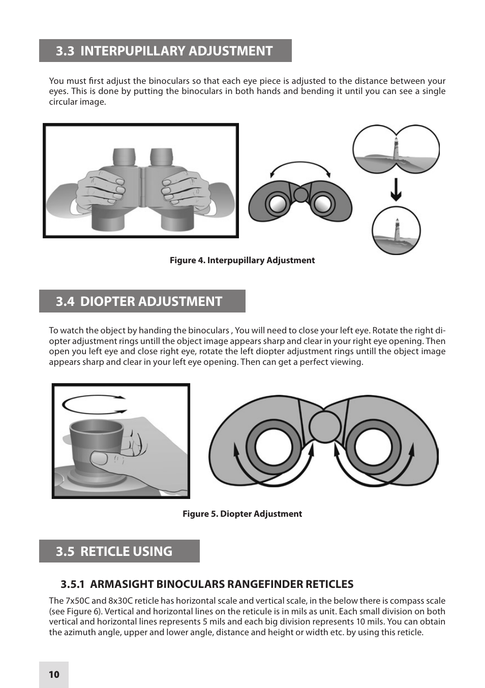 3 interpupillary adjustment, 4 diopter adjustment, 5 reticle using | Armasight DAB10X42RF0ARM1 10x42 Binoculars User Manual | Page 10 / 20