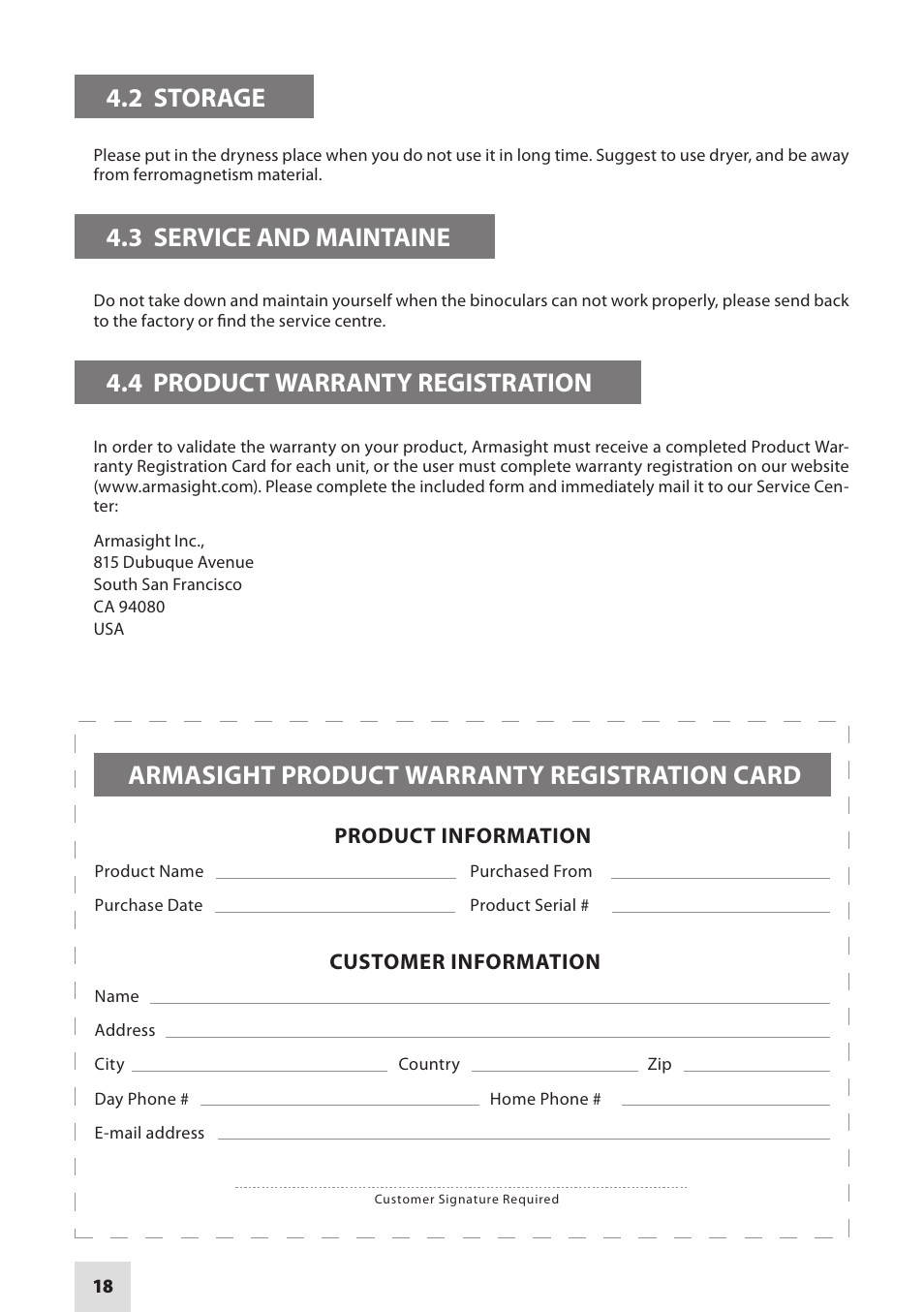 Armasight product warranty registration card, 2 storage, 3 service and maintaine | 4 product warranty registration | Armasight DAB10X42RF0ARM1 10x42 Binoculars User Manual | Page 18 / 20