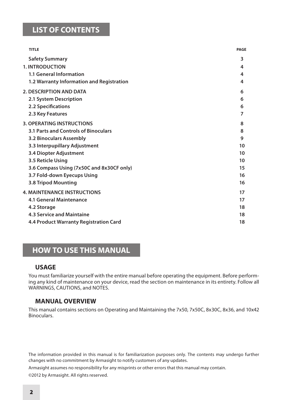 List of contents, How to use this manual, Usage | Manual overview | Armasight DAB10X42RF0ARM1 10x42 Binoculars User Manual | Page 2 / 20