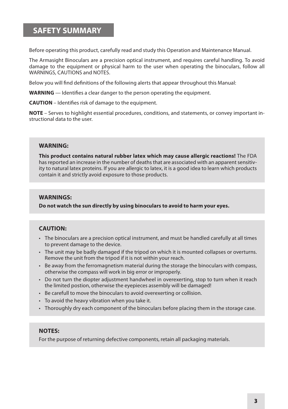 Safety summary | Armasight DAB10X42RF0ARM1 10x42 Binoculars User Manual | Page 3 / 20