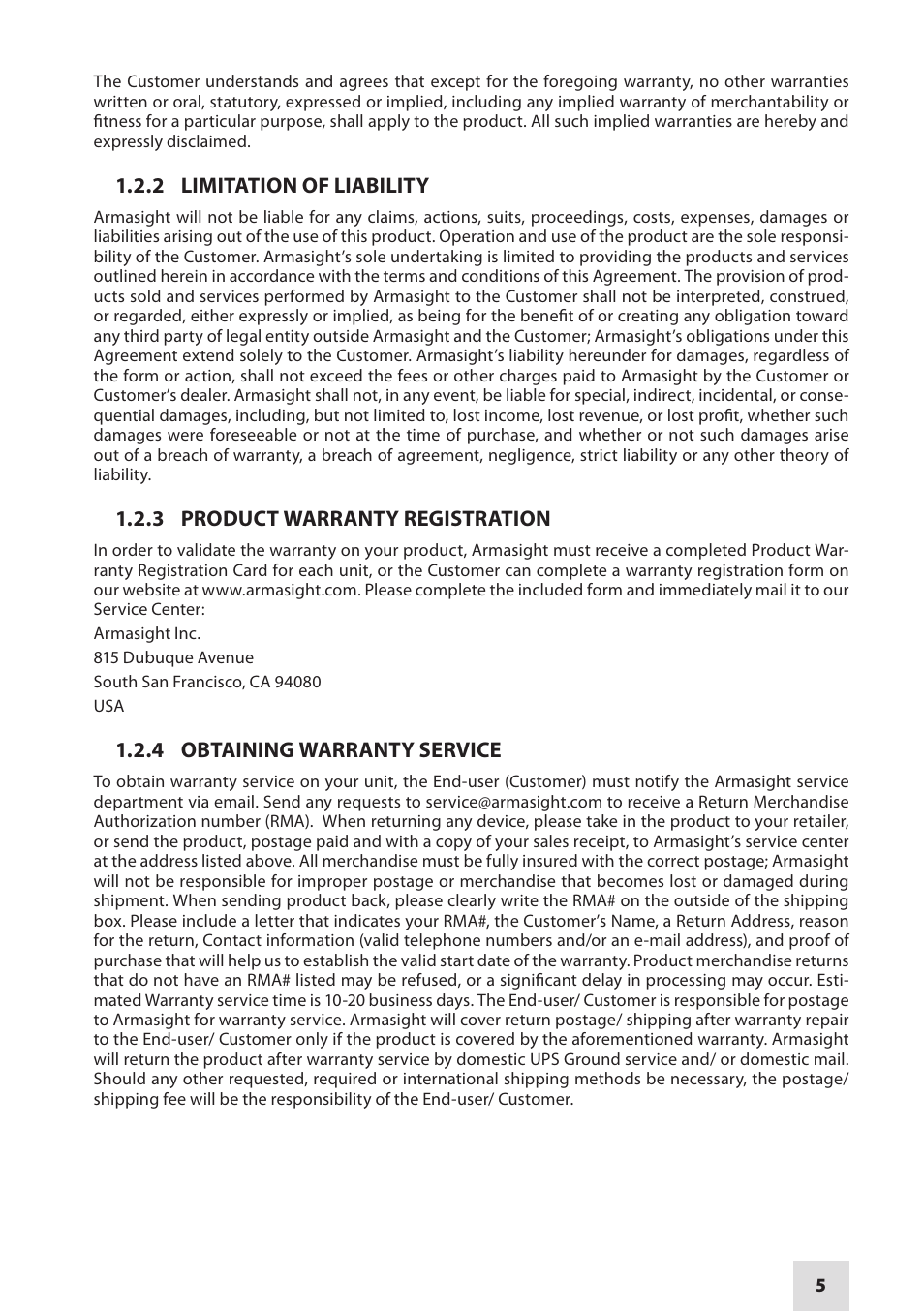 2 limitation of liability, 3 product warranty registration, 4 obtaining warranty service | Armasight DAB10X42RF0ARM1 10x42 Binoculars User Manual | Page 5 / 20