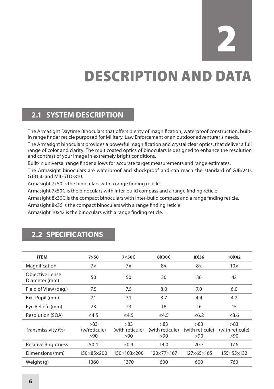 Description and data, 1 system description, 2 specifications | Armasight DAB10X42RF0ARM1 10x42 Binoculars User Manual | Page 6 / 20