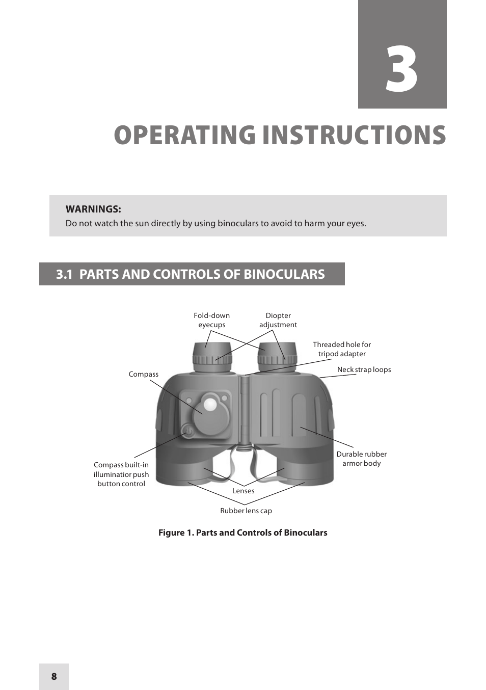 Operating instructions, 1 parts and controls of binoculars | Armasight DAB10X42RF0ARM1 10x42 Binoculars User Manual | Page 8 / 20