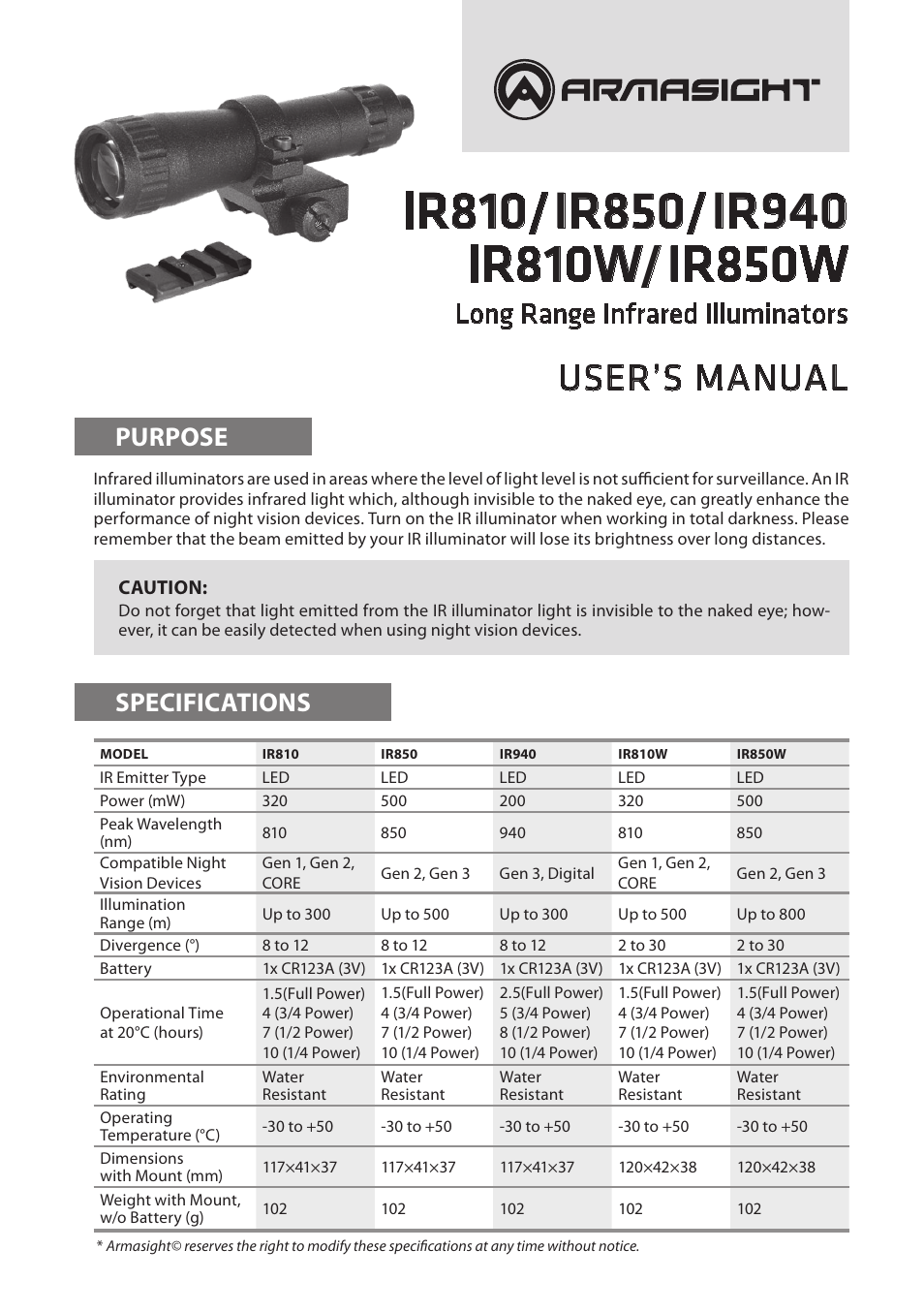 Armasight IAIR850IR000001 IR850 Detachable Long Range Infrared Illuminator User Manual | 2 pages