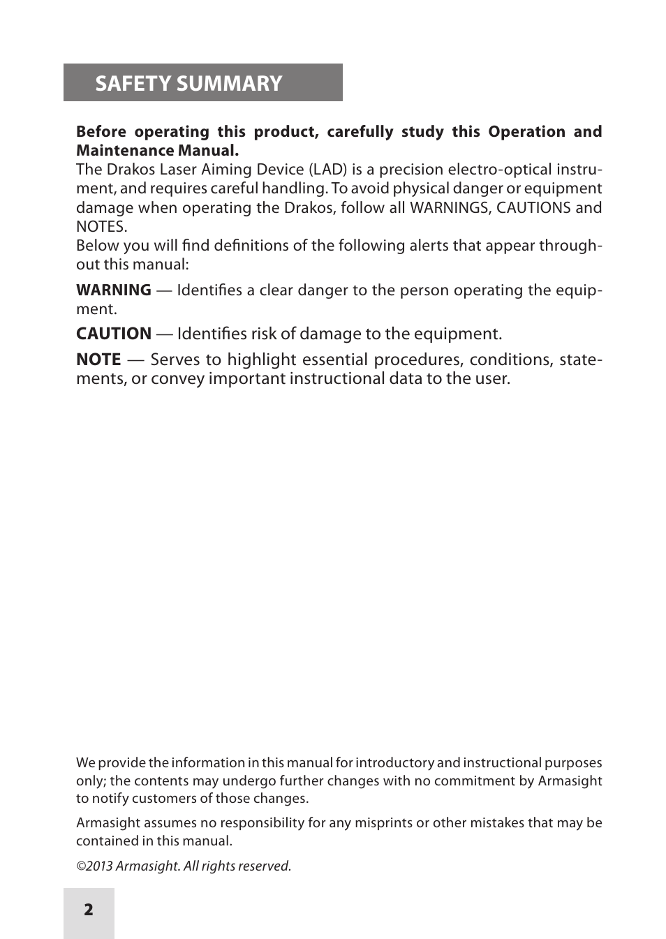 Safety summary | Armasight IAIR002LP000001 DRAKOS 2 Multi-Spectral Laser Aiming/ Illumination Devices User Manual | Page 2 / 36